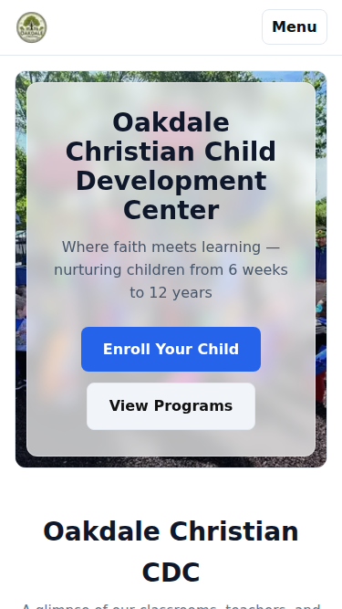 Oakdale Christian CDC website — mobile view